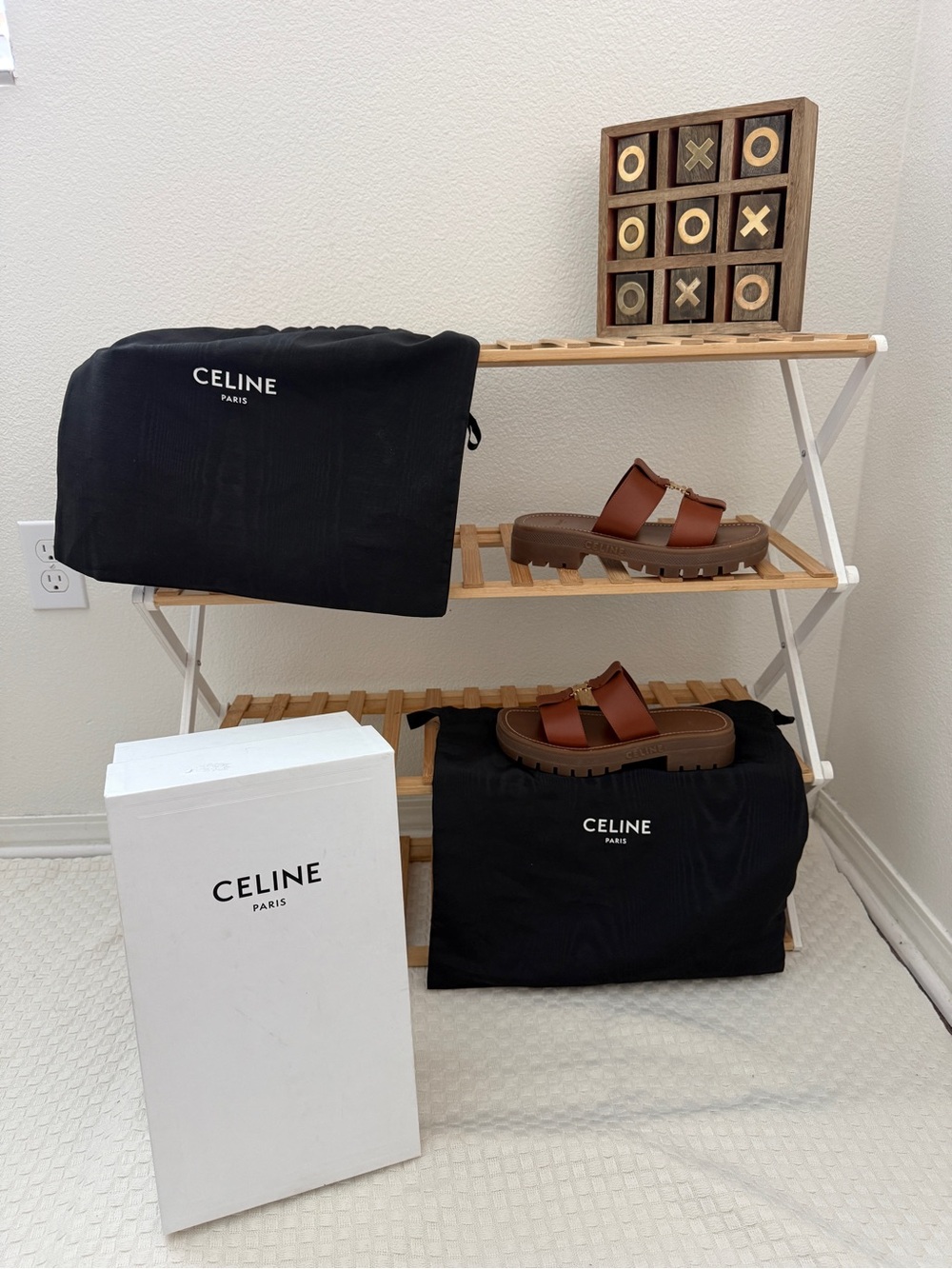 Celine women's Brown Leather Double-Buckle Slide Sandals